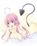  ahoge ass blush breasts chany cleavage commentary_request demon_tail green_eyes lala_satalin_deviluke long_hair nude open_mouth pink_hair smile solo tail to_love-ru 