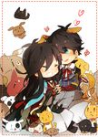  animal_ears black_hair blue_eyes chibi closed_eyes dog dog_ears dog_tail extra_ears fuuko_(2679566944) grin heart horikawa_kunihiro interlocked_fingers izumi-no-kami_kanesada japanese_clothes kemonomimi_mode male_focus multiple_boys open_mouth sitting sitting_on_lap sitting_on_person smile tail too_many_dogs touken_ranbu 