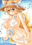  absurdres animal_ears bikini blonde_hair breasts cleavage ears_through_headwear fox_ears fox_tail hat hat_ribbon highres innertube large_breasts marker_(medium) multiple_tails navel open_mouth ribbon slingshot_swimsuit solo straw_hat swimsuit tail touhou traditional_media white_swimsuit yakumo_ran yurun 