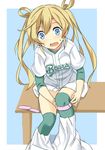  abukuma_(kantai_collection) blonde_hair blue_eyes blush hair_rings jersey kantai_collection long_hair looking_at_viewer open_mouth pun solo sweatdrop taishi_(moriverine) thighhighs twintails undressing zettai_ryouiki 