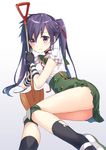  black_legwear ebisuzawa_kurumi fingerless_gloves gakkou_gurashi! gloves long_hair looking_at_viewer lying masuishi_kinoto on_side purple_eyes purple_hair school_uniform serafuku shoes shovel skirt socks solo striped striped_gloves tears twintails uwabaki 