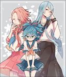  blue_eyes blue_hair crossdressing flower fuuko_(2679566944) hair_flower hair_ornament kousetsu_samonji male_focus multiple_boys one_eye_closed pink_hair ponytail sayo_samonji school_uniform serafuku smile souza_samonji touken_ranbu 