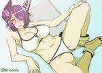  bikini blush breasts cleavage commentary_request eyepatch headgear kantai_collection large_breasts looking_at_viewer lying navel on_back open_mouth purple_hair short_hair smile solo spread_legs swimsuit takeda_aranobu tenryuu_(kantai_collection) white_bikini yellow_eyes 