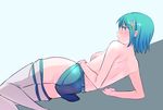  ass back blue_eyes blue_hair blush breasts flat_ass fortissimo fortissimo_hair_ornament hair_ornament hairclip looking_back lying magical_girl mahou_shoujo_madoka_magica mahou_shoujo_madoka_magica_movie medium_breasts miki_sayaka momoko_(palemon) no_bra on_side sideboob skirt solo thighhighs topless 