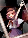  1girl backpack bag broken_glass broken_window gakkou_gurashi! glass hair_ornament hairclip hat looking_at_viewer open_mouth pillow_hat pink_hair red_eyes ribbon school_uniform short_hair skirt smile solo takeya_yuki waving x_hair_ornament 