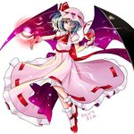  alcohol bat_wings blue_hair bobby_socks cup dress drinking_glass energy_ball gotoh510 grin hair_over_one_eye hat hat_ribbon highres light mob_cap pink_eyes remilia_scarlet ribbon sash simple_background smile socks solo touhou white_background wine wine_glass wings wrist_cuffs 