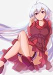  ahoge blush breasts crossed_legs dress leg_garter long_hair medium_breasts purple_eyes purple_hair saisarisu senki_zesshou_symphogear silver_hair smile solo twintails yukine_chris 