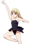  arm_up ballet_slippers bare_shoulders black_leotard blonde_hair blush eyebrows_visible_through_hair feet highres leg_up leotard matsunaga_kouyou open_mouth original ponytail red_eyes simple_background skirt solo white_background 