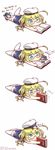  &gt;_&lt; 2girls 61cm_quadruple_(oxygen)_torpedo_mount :3 :d blonde_hair book chibi closed_eyes comic commentary_request eighth_note fairy_(kantai_collection) glasses hair_ribbon highres i-8_(kantai_collection) kantai_collection long_hair lying multiple_girls musical_note on_stomach open_mouth reading ribbon school_swimsuit smile swimsuit tanaka_kusao translated twitter_username white_ribbon xd 