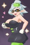  alternate_breast_size areola_slip areolae bad_id bad_pixiv_id bare_shoulders bike_shorts black_dress breasts chibotsu_tawa cleavage cleavage_reach dress earrings fangs green_legwear hand_on_hip hat highres hotaru_(splatoon) huge_breasts jewelry mini_hat mole mole_under_eye open_mouth pantyhose pointy_ears short_hair shorts_under_dress silver_hair solo splatoon_(series) splatoon_1 star star-shaped_pupils strapless strapless_dress symbol-shaped_pupils yellow_eyes 