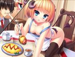 all_fours apron areola black_legwear blue_eyes blush breasts chair clothing cup demon feeding female food hair hi_res horn human ketchup legwear looking_at_viewer male mammal necktie nipples on_table orange_hair plate small_breasts spade_tail spoon succubus table tail_ring teacup thigh_highs ton-chan wings young 