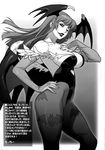  animal_print bangs bare_shoulders bat_print bat_wings breasts bridal_gauntlets cleavage demon_girl feathers greyscale hand_on_hip hand_on_own_chest highleg highleg_leotard highres huge_breasts leotard long_hair looking_at_viewer monochrome morrigan_aensland motchie non-web_source one_eye_closed open_mouth pantyhose print_legwear resized sidelocks smile solo succubus translation_request vampire_(game) wings 