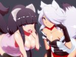  animal_ears black_gloves black_hair black_legwear blue_eyes breasts chemise cleavage collarbone elbow_gloves fox_ears fox_tail gloves hair_over_eyes hime_cut hyudora large_breasts long_hair looking_at_viewer multiple_girls naked_shirt one_eye_closed open_mouth original red_eyes shirt silver_hair smile strap_slip tail tears thighhighs yawning 