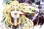  bare_shoulders blonde_hair blush breasts detached_sleeves eyes_closed gradient gradient_background long_hair milla_(tales_of_xillia_2) milla_maxwell multicolored_hair multiple_girls open_mouth red_eyes skirt sword tales_of_(series) tales_of_xillia tales_of_xillia_2 weapon 
