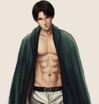  abs belt black_hair cape kamille_areopagita levi_(shingeki_no_kyojin) male_focus muscle navel pants shingeki_no_kyojin shirtless simple_background solo 