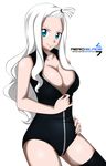  1girl aeroblade7 blue_eyes bodysuit breasts cleavage fairy_tail long_hair looking_at_viewer mirajane_strauss simple_background smile solo stockings thighhighs unzip white_hair 