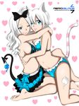  2girls aeroblade7 artist_name bikini blink blue_eyes bow breasts cat_ears cat_tail demon_tail fairy_tail feet heart hearts hug kneeling legs lisanna_strauss long_hair looking_at_viewer mirajane_strauss multiple_girls one_eye_closed short_hair simple_background sisters sitting smile swimsuit symmetrical_docking tail tattoo white_hair wink yuri 