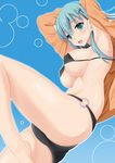  aqua_hair armpits bikini black_bikini breasts covered_nipples green_eyes hair_ornament hairclip kantai_collection large_breasts long_hair micro_bikini solo suzuya_(kantai_collection) swimsuit takeyuu 