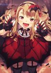  bad_id bad_pixiv_id bat black_legwear blonde_hair blush brooch dress fangs fingerless_gloves garter_straps gloves hairband highres idolmaster idolmaster_million_live! jewelry looking_at_viewer miyao_miya my_dear_vampire nail_polish narumi_arata open_mouth red_eyes saliva solo thighhighs tongue zettai_ryouiki 