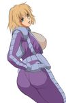  1girl blonde_hair breasts breasts_outside cowboy_shot female green_eyes gundam gundam_side_story:_from_place_beyond_the_blaze hand_on_hip huge_breasts lilia_flaubert looking_at_viewer looking_back open_mouth pilot_suit simple_background small_nipples solo tsena white_background 