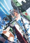  ahoge akitsushima_(kantai_collection) armpits arms_up ass cloud from_below grey_eyes kantai_collection looking_at_viewer miniskirt nishikitaitei-chan open_mouth silver_hair skirt sky smile solo thighhighs tsuuhan twintails wet wet_clothes 