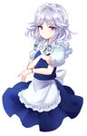  apron blue_dress blue_eyes braid dress highres izayoi_sakuya maid maid_headdress puffy_short_sleeves puffy_sleeves short_sleeves silver_hair smile solo touhou twin_braids uranaishi_(miraura) waist_apron 