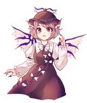  animal_ears bird_wings brown_dress dress earrings hat jewelry juliet_sleeves long_sleeves looking_at_viewer mystia_lorelei open_mouth puffy_sleeves purple_hair red_eyes shirt short_hair smile solo touhou uranaishi_(miraura) wings 