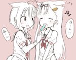  :d ahoge braid commentary_request expressive_hair fang food hair_flaps hair_ornament hair_ribbon ibuki_(ibukiro1003) kantai_collection long_hair multiple_girls neckerchief necktie open_mouth pleated_skirt popsicle red_neckwear remodel_(kantai_collection) ribbon school_uniform serafuku shigure_(kantai_collection) single_braid sketch skirt smile translated yuudachi_(kantai_collection) 