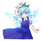  arm_up blue_dress blue_eyes blue_hair bow cirno dress hair_bow ice ice_wings open_mouth puffy_short_sleeves puffy_sleeves shirt short_sleeves smile solo touhou uranaishi_(miraura) wings 