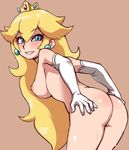  alternate_costume ass back bare_legs blonde_hair blue_earrings blue_eyes breasts crown earrings gloves hands_on_ass highres hiru_made_ne-tarou image_sample inverted_nipples jewelry large_breasts long_hair mario_(series) nipples nude pixiv_sample princess_peach puffy_nipples shiny shiny_skin smile solo super_mario_bros. sweat 