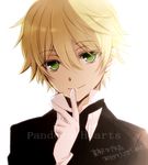  blonde_hair finger_to_mouth formal gloves green_eyes male_focus necktie oz_vessalius pandora_hearts shirt smile solo striped striped_shirt suit tsukimori_usako white_background white_gloves 