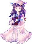  book book_hug coat crescent dress grimoire hair_ribbon hat highres holding holding_book long_hair long_sleeves mob_cap open_clothes open_coat patchouli_knowledge purple_eyes purple_hair ribbon solo touhou tress_ribbon uranaishi_(miraura) very_long_hair white_dress 