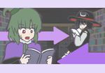  adagumo_no_saragimaru androgynous big_hat black_hair book capelet detached_sleeves directional_arrow enraku_tsubakura green_hair grey_eyes hair_ornament hat iosys_parody len'en lowres marisa_stole_the_precious_thing multiple_others parody ponytail red_eyes short_hair short_ponytail snake_hair_ornament snake_tail sweatdrop tail top_hat 