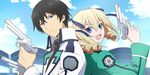  1girl :d angelina_kudou_shields angie_sirius back-to-back black_hair blonde_hair blue_eyes cloud couple drill_hair dual_wielding friends gun hair_between_eyes hair_ribbon holding holding_gun holding_weapon jacket long_sleeves looking_at_viewer looking_back mahouka_koukou_no_rettousei necktie open_mouth outdoors ribbon school_uniform serious shiba_tatsuya short_hair sky smile twin_drills twintails upper_body weapon 
