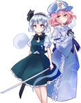  arm_strap blue_dress blue_eyes dress hair_ribbon hairband hat hitodama japanese_clothes katana konpaku_youmu konpaku_youmu_(ghost) long_hair looking_at_viewer mob_cap multiple_girls pink_eyes pink_hair puffy_short_sleeves puffy_sleeves ribbon saigyouji_yuyuko sash shirt short_hair short_sleeves silver_hair simple_background skirt skirt_set smile sword touhou triangular_headpiece uranaishi_(miraura) vest weapon white_background wide_sleeves 