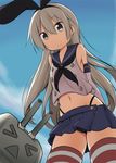  black_eyes blonde_hair elbow_gloves from_below gloves hairband highleg highleg_panties kantai_collection long_hair miyako_hito panties rensouhou-chan shimakaze_(kantai_collection) skirt striped striped_legwear thighhighs underwear 