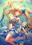  afloat ankle_garter arm_behind_head armlet atdan bare_shoulders barefoot blonde_hair blue_eyes breasts cleavage detached_sleeves floating_hair flower hair_flower hair_ornament head_fins land_of_caromag large_breasts long_hair looking_at_viewer midriff official_art original outstretched_arm smile solo submerged twintails underwater water 