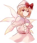  alternate_hair_length alternate_hairstyle blonde_hair bow capelet dress fairy_wings hat hat_bow lily_white long_sleeves looking_at_viewer pink_dress red_eyes short_hair smile solo touhou uranaishi_(miraura) wide_sleeves wings 