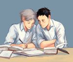  black_eyes black_hair blush book closed_eyes crossed_arms haikyuu!! highres kamille_areopagita long_sleeves multiple_boys pen sawamura_daichi shirt short_hair sitting sleeves_rolled_up sugawara_koushi table white_shirt 