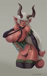  anthro antlers big_breasts blue_eyes breasts cervine clothed clothing deer elbow_gloves erect_nipples female freckles gloves hair horn long_hair mammal markydaysaid nipples pose skimpy solo tongue tongue_out white_hair 