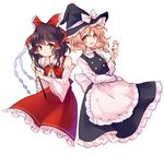  apron ascot black_dress black_hair blonde_hair bow braid brown_hair detached_sleeves dress gohei hair_bow hair_tubes hakurei_reimu hat kirisame_marisa long_hair long_sleeves looking_at_viewer multiple_girls open_mouth red_dress red_eyes ribbon short_hair simple_background smile star touhou uranaishi_(miraura) waist_apron white_background wide_sleeves witch_hat yellow_eyes 