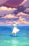  :d barefoot cloud dress highres hiko_(scape) horizon looking_at_viewer moon ocean open_mouth original red_moon scenery shallow_water sky smile solo star_(sky) twilight wading water white_dress white_hair wind 