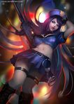  alternate_costume ammunition belt boots breasts caitlyn_(league_of_legends) cglas cleavage crop_top cuffs fingerless_gloves from_below gloves gun hand_on_headwear handcuffs hat highres large_breasts league_of_legends lipstick long_hair looking_at_viewer makeup midriff miniskirt navel officer_caitlyn police police_hat police_uniform policewoman skirt solo uniform watermark weapon web_address 