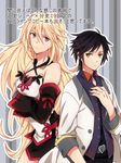  1boy 1girl ahoge bare_shoulders belt black_hair blonde_hair breasts brown_eyes coat detached_sleeves grey_background jude_mathis long_hair milla_(tales_of_xillia_2) pants red_eyes ribbon short_hair skirt striped_background tales_of_(series) tales_of_xillia tales_of_xillia_2 