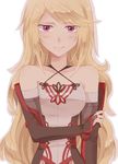  1girl bare_shoulders blonde_hair blush breasts detached_sleeves long_hair looking_at_viewer milla_(tales_of_xillia_2) pink_eyes simple_background skirt smile solo tales_of_(series) tales_of_xillia_2 vare_shoulders white_background 