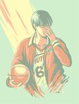  adjusting_eyewear basketball basketball_uniform black_hair glasses jersey kamille_areopagita kuroko_no_basuke male_focus midorima_shintarou solo sportswear 