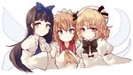  black_hair blonde_hair bow brown_hair dress drill_hair hair_bow hat long_hair luna_child multiple_girls red_eyes ribbon short_hair simple_background smile star_sapphire sunny_milk touhou uranaishi_(miraura) white_background wings yellow_eyes 