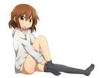  adjusting_clothes adjusting_legwear black_legwear brown_eyes brown_hair d: fang hood hoodie ikazuchi_(kantai_collection) kantai_collection miyako_hito naked_hoodie no_shoes open_mouth simple_background solo thighhighs white_background 