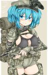  alternate_costume aqua_eyes aqua_hair assault_rifle backpack bag belt black_panties blue_eyes blue_hair blush breast_rest breasts bullpup camouflage cleavage collarbone covered_nipples fingerless_gloves fn_f2000 gloves grin gun hair_bobbles hair_ornament holster jpeg_artifacts kawashiro_nitori large_breasts load_bearing_vest looking_at_viewer military military_uniform night_vision_device okiraku_nikku panties pocket rifle seductive_smile short_hair simple_background smile solo thigh_holster touhou twintails two_side_up underwear uniform weapon 