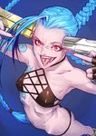  antenna_hair ass bikini black_bikini blue_hair braid choker covered_nipples crazy_eyes deathwingxiii dual_wielding earrings eyeliner fang fingerless_gloves flat_ass flat_chest from_above gloves gun gun_to_head handgun holding holding_gun holding_weapon jewelry jinx_(league_of_legends) jpeg_artifacts league_of_legends lips long_hair makeup middle_finger midriff nail_polish navel nose pistol pointing pointing_at_self red_eyes solo swimsuit tattoo tongue tongue_out twin_braids very_long_hair weapon 